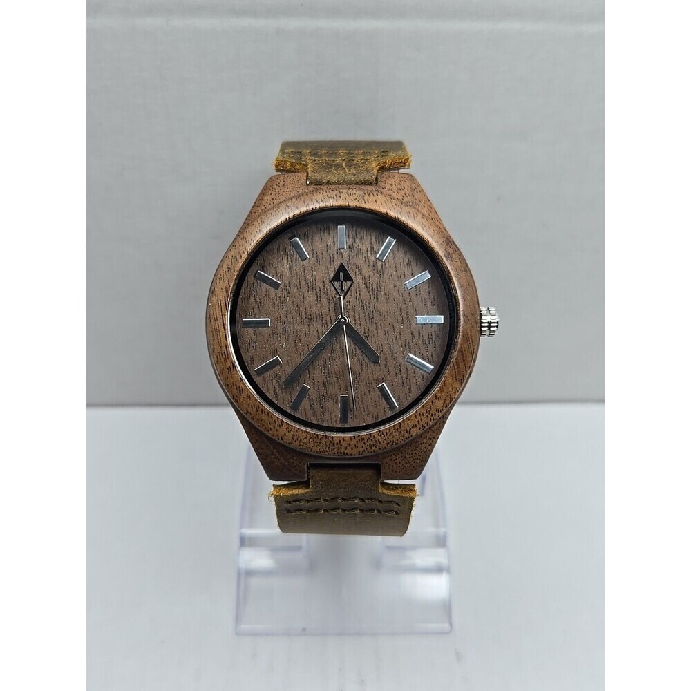 Woodgrain Mens Wooden Watch Brown Dial Leather Strap Quartz Analog New Battery